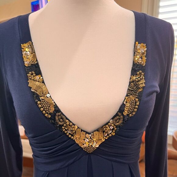 Velvet by Graham & Spencer Navy Beaded V-Neck Empire Waist Midi Dress S NWT USA - Picture 4 of 10